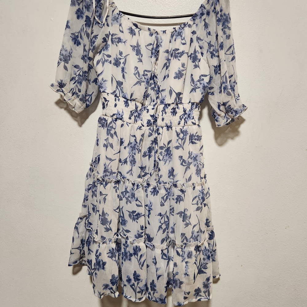 Indulge Blue and White Ruffled Mini Sundress